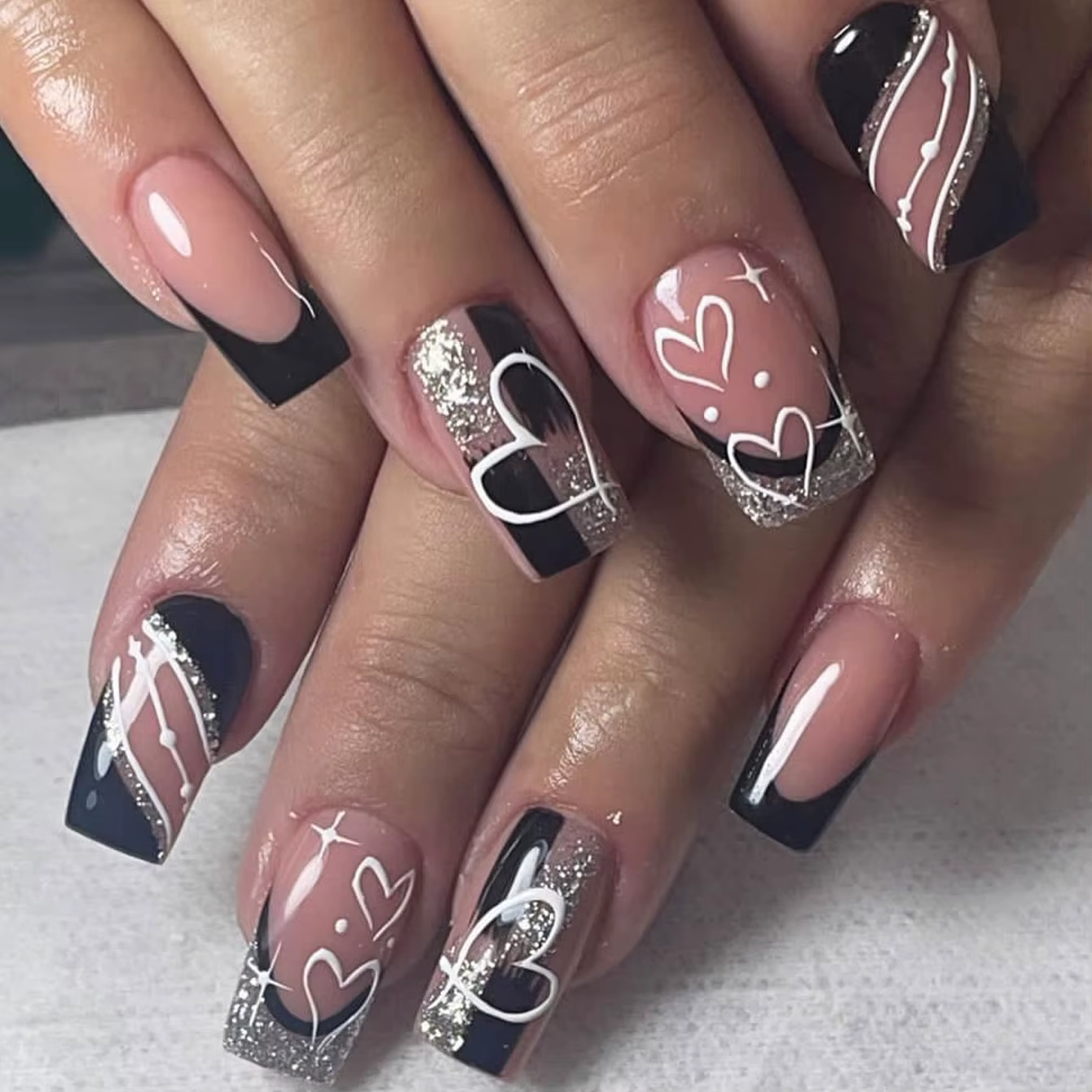 CuemployPusher-Faux ongles à paillettes argentées carrées noires, poignées amovibles et réutilisable