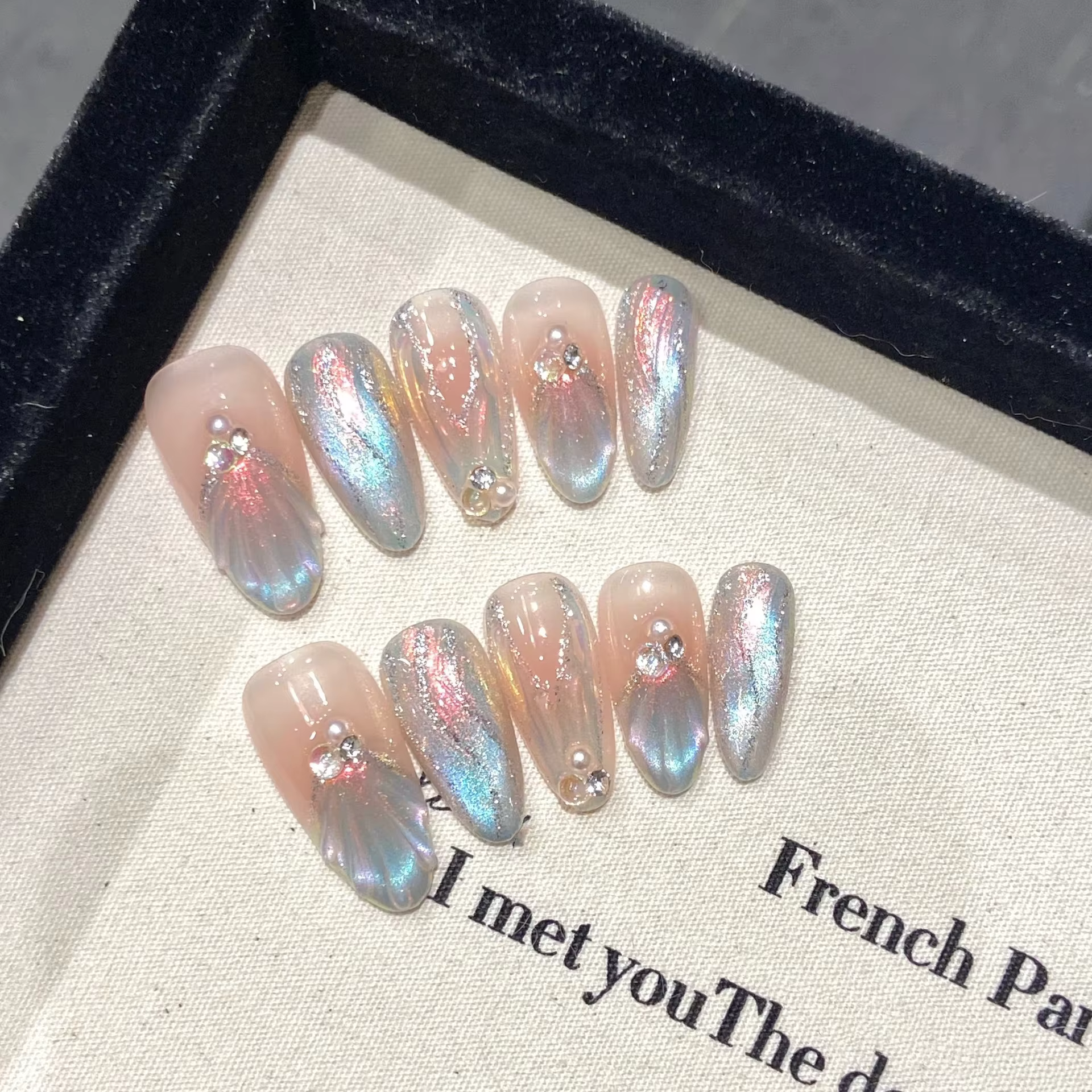 10 faux ongles réutilisables avec motif papillon, œil de chat rose, style français, faits à la main,