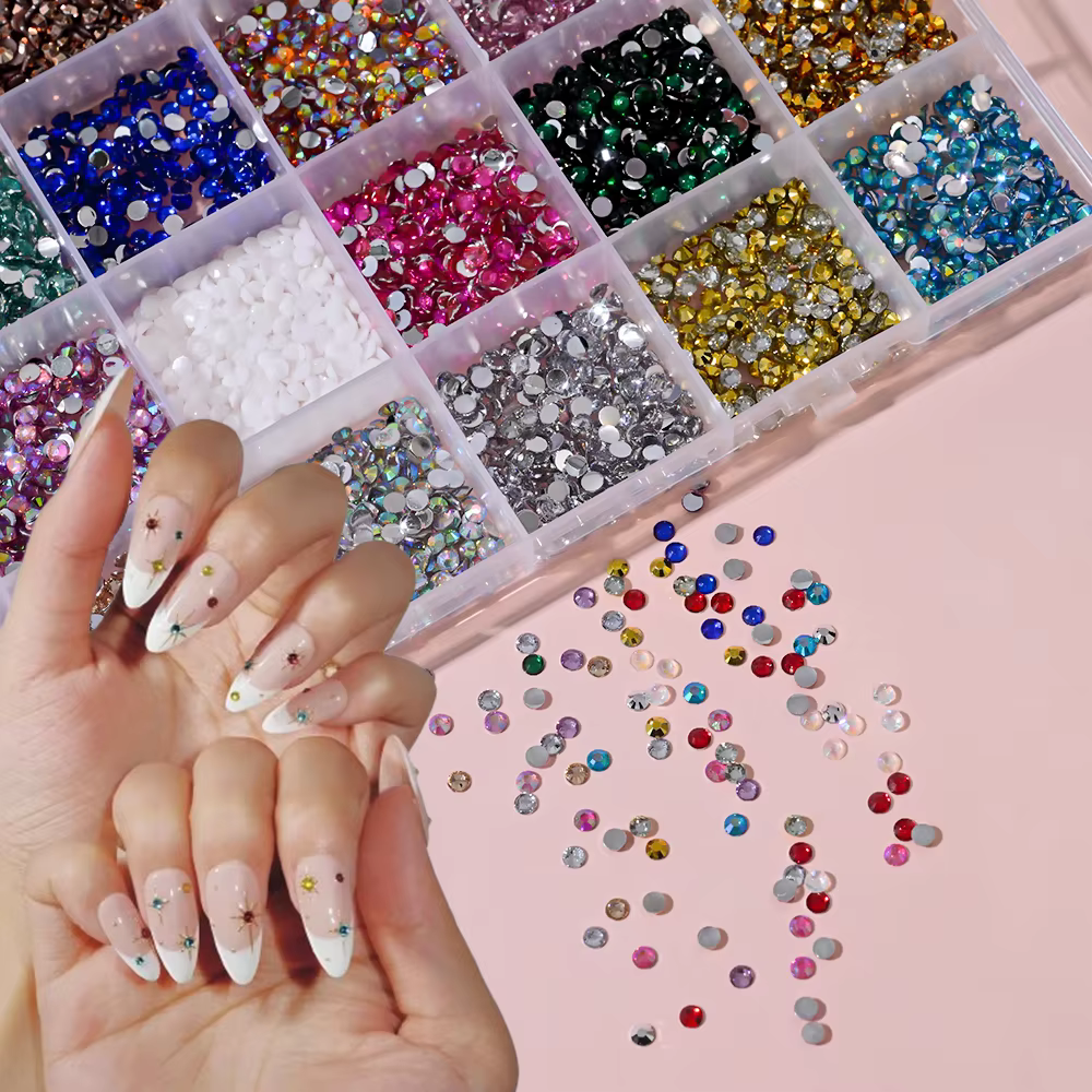 1 boîte 3D coloré rond Nail Art strass Flatback Galss diamant gemmes bijoux ongles breloques bricola