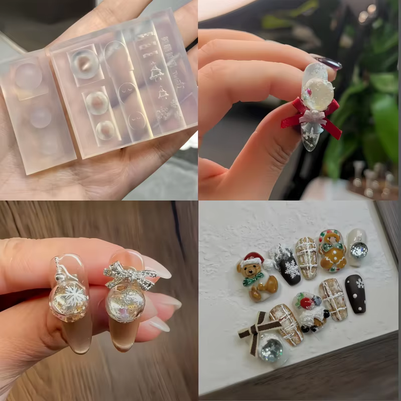 Moule 3D Transparent pour Nail Art, boule de cristal, avec étoiles, cœurs, flocons de neige et nœud 