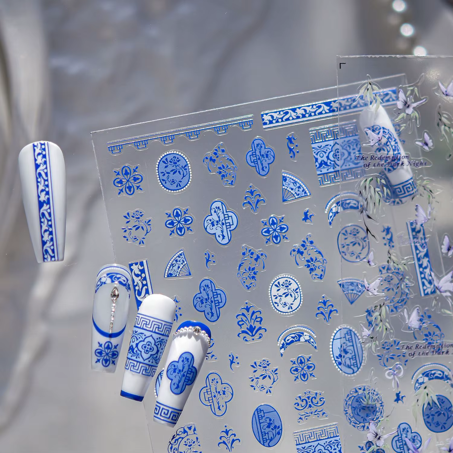 Autocollants pour Nail Art en porcelaine bleue et blanche sans trace, autocollants auto-adhésifs pou