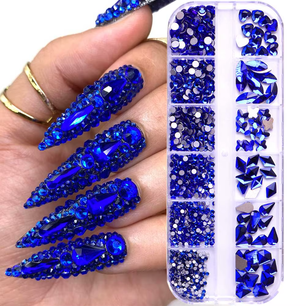 Strass pour Nail Art bleu saphir, 12 grilles, multi-formes, pierres précieuses en cristal, breloques