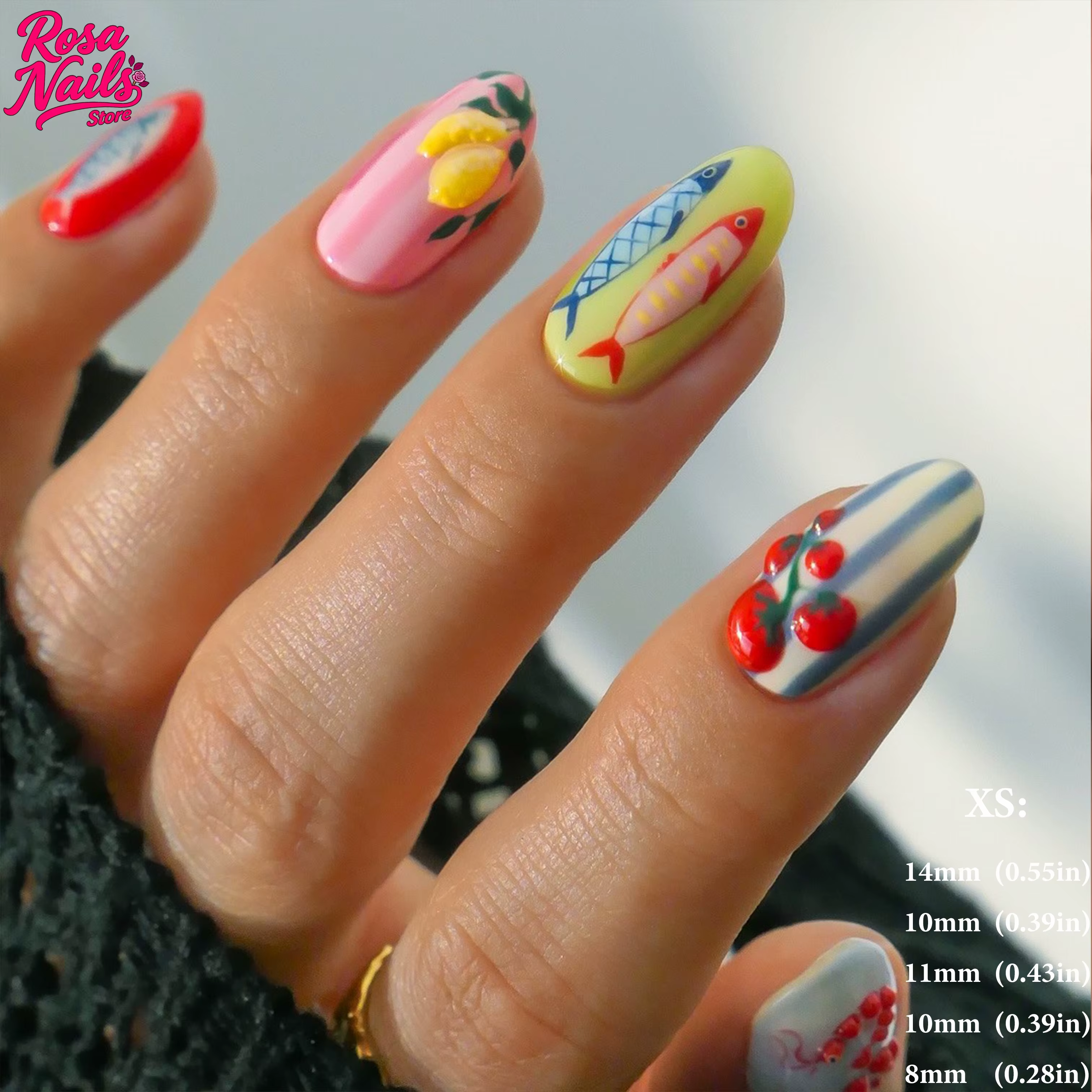 Fruit Stripe Nail Art Presse sur ongles Pressons faits à la main mignon court amande peint à la main