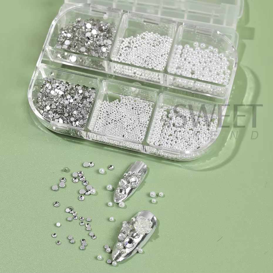 Strass 3D pour Nail Art, 6 grilles, perles rondes blanches, décoration d'ongles, breloques en acier,