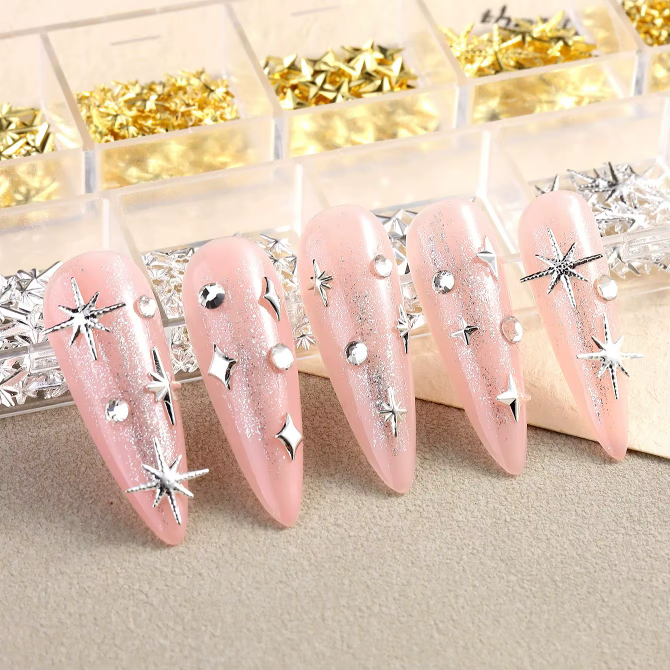 6/12 grilles or étoile lune rivet métallique 3D breloques pour ongles alliage soleil lune Starlight