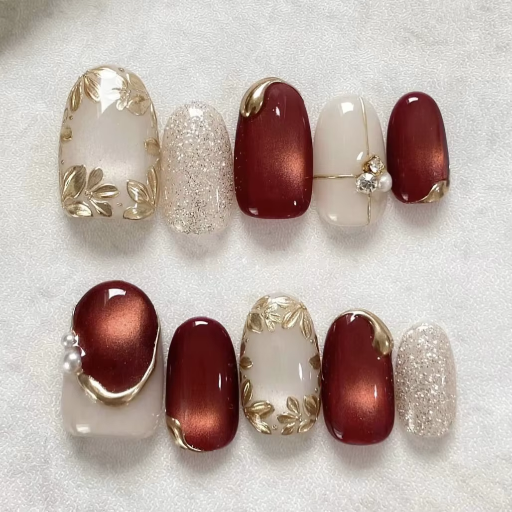 24 pièces marron dégradé faux ongles conseils portable oeil de chat amande presse sur ongles avec pa