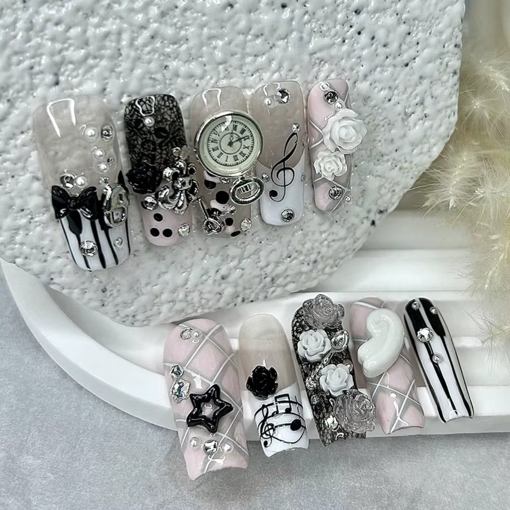 Notes musicales rétro Vintage mignon rose français à la main presse sur les ongles 3D Rose arc perle