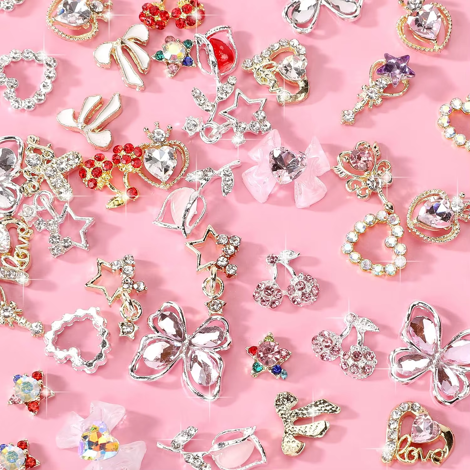 24 pièces breloques pour ongles Y2k alliage Nail Art strass breloques 3D coeur étoile arc avec stras