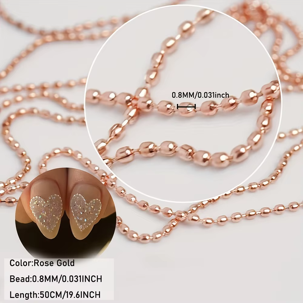 Breloques en perles pour chaîne d'ongles, 0.8mm, or Rose, argent, décorations artistiques, ongles en