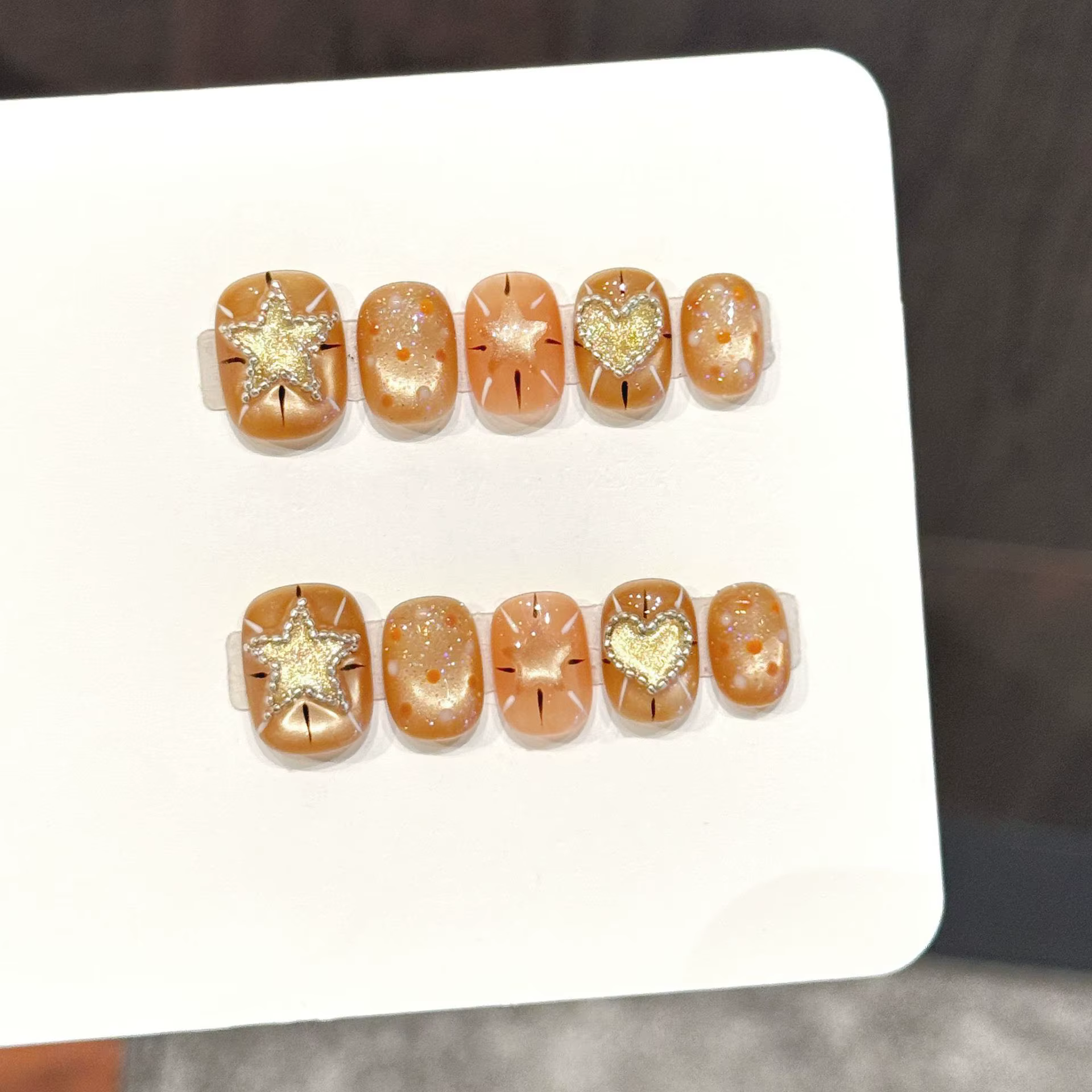 10 faux ongles ronds faits à la main, Star Of The Sun, adaptés aux festivals, aux fêtes et à un usag