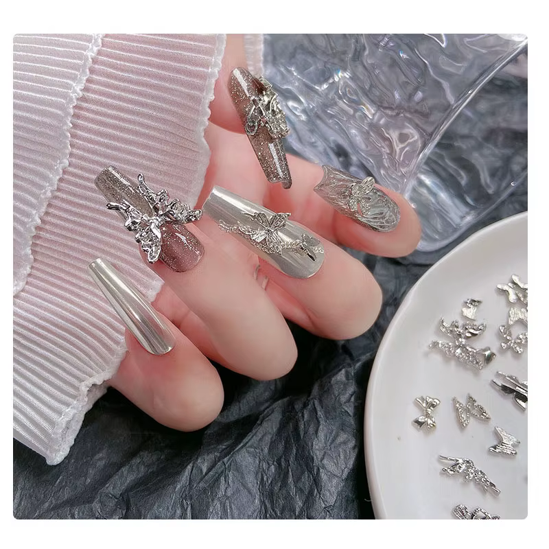 Breloques pour ongles rétro en alliage d'argent, 50 pièces, ruban de luxe, ailes de papillon Y2K, st