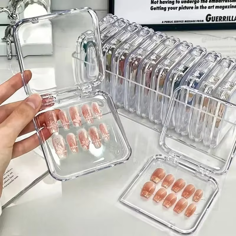 Boîtes acryliques de stockage d'ongles à pression, avec feuilles adhésives, boîtes transparentes pou