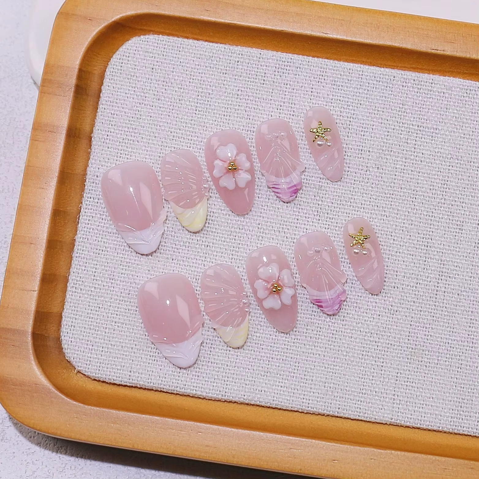 10 pièces étoile de mer ondulations d'eau conception presse sur faux ongles court ovale portant manu