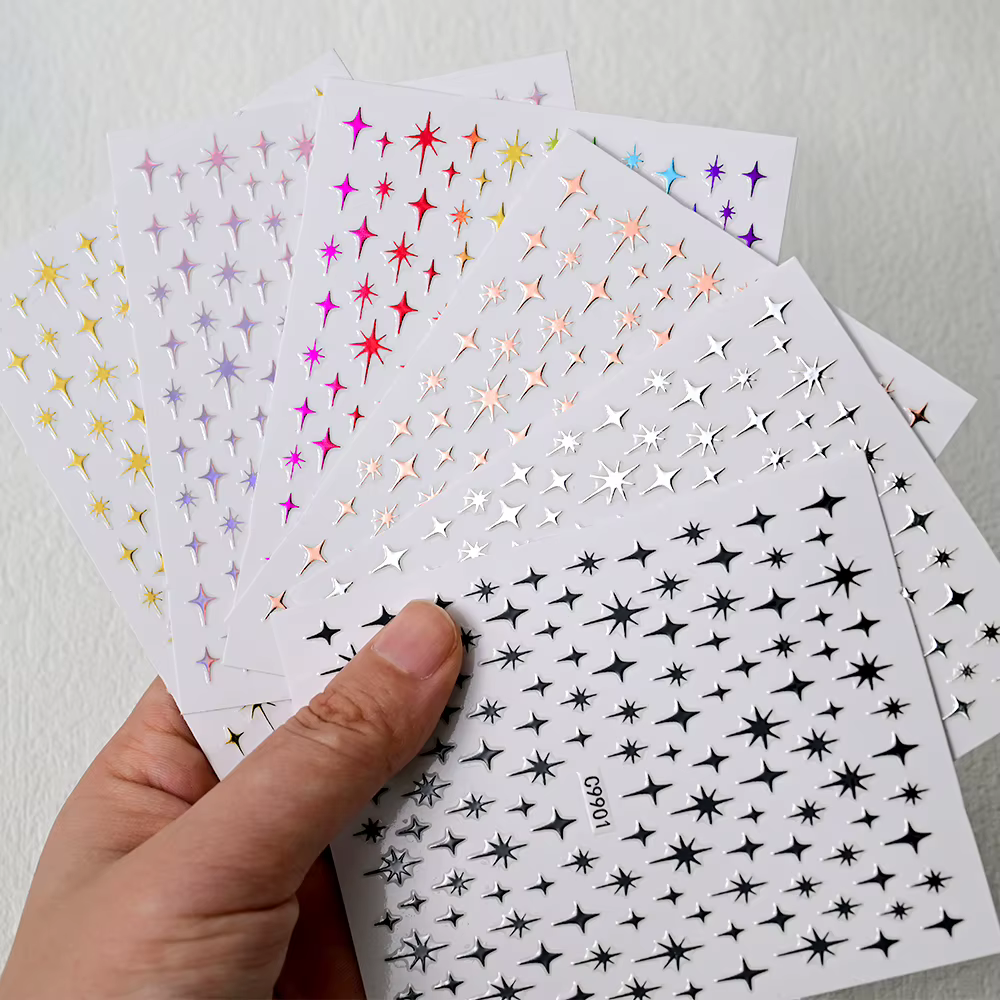 Autocollants pour ongles étoiles Laser 3D, 6 couleurs, miroir métallique doré argenté, décalcomanies