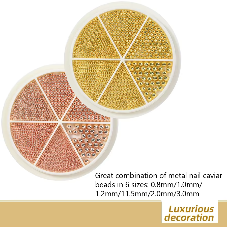 Petites perles de Caviar en acier pour Nail Art, 6 grilles, 0.8 à 1.5mm, taille mixte, Design 3D, or