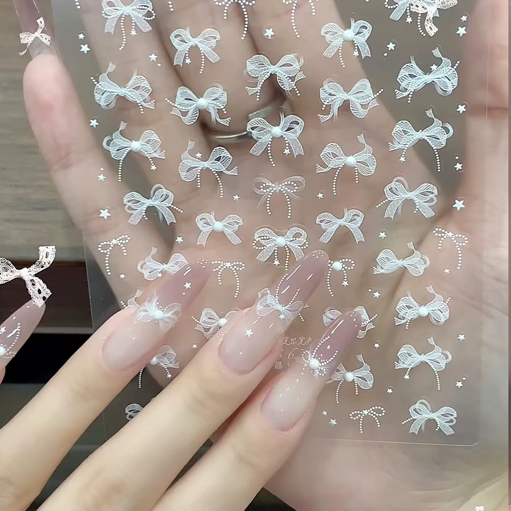 1 pièces 5D blanc dentelle nœud papillon Nail Art autocollant doux perle arc ruban auto-adhésif ongl