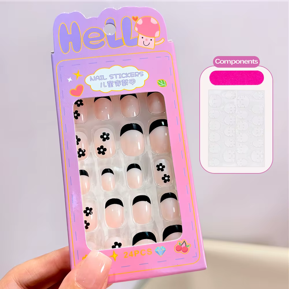 24 pièces/boîte Faux ongles en gel noirs et roses à fleurs pour filles, ongles à presser roses à mot