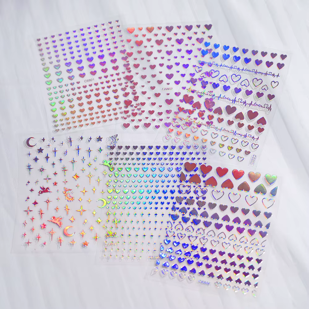 4/6 feuilles/Kit holographique arc-en-ciel amour coeur autocollant pour ongles 3D Laser coeur autoco