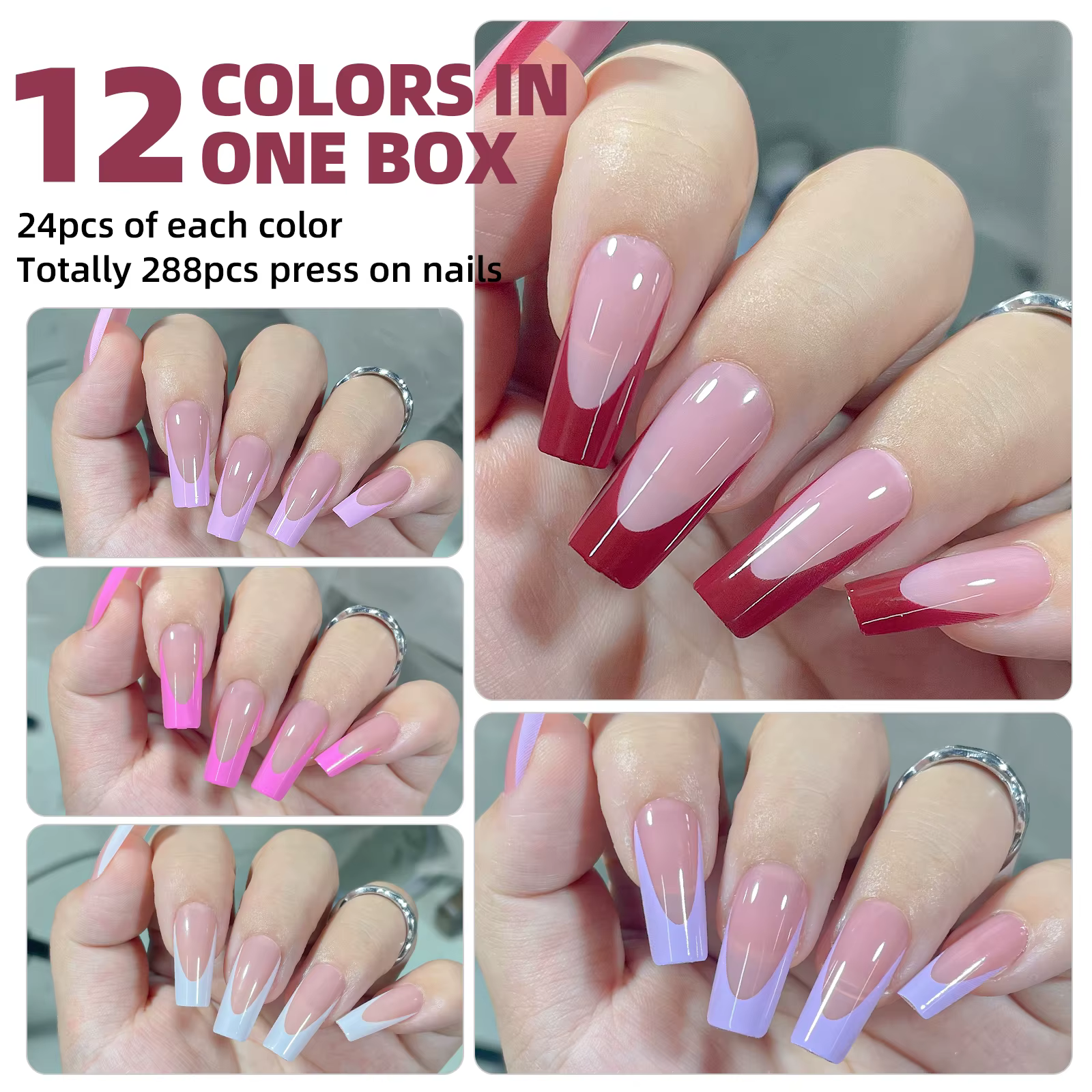 Faux ongles français en acrylique, armure carrée moyenne, couverture complète, pointes pouvant être