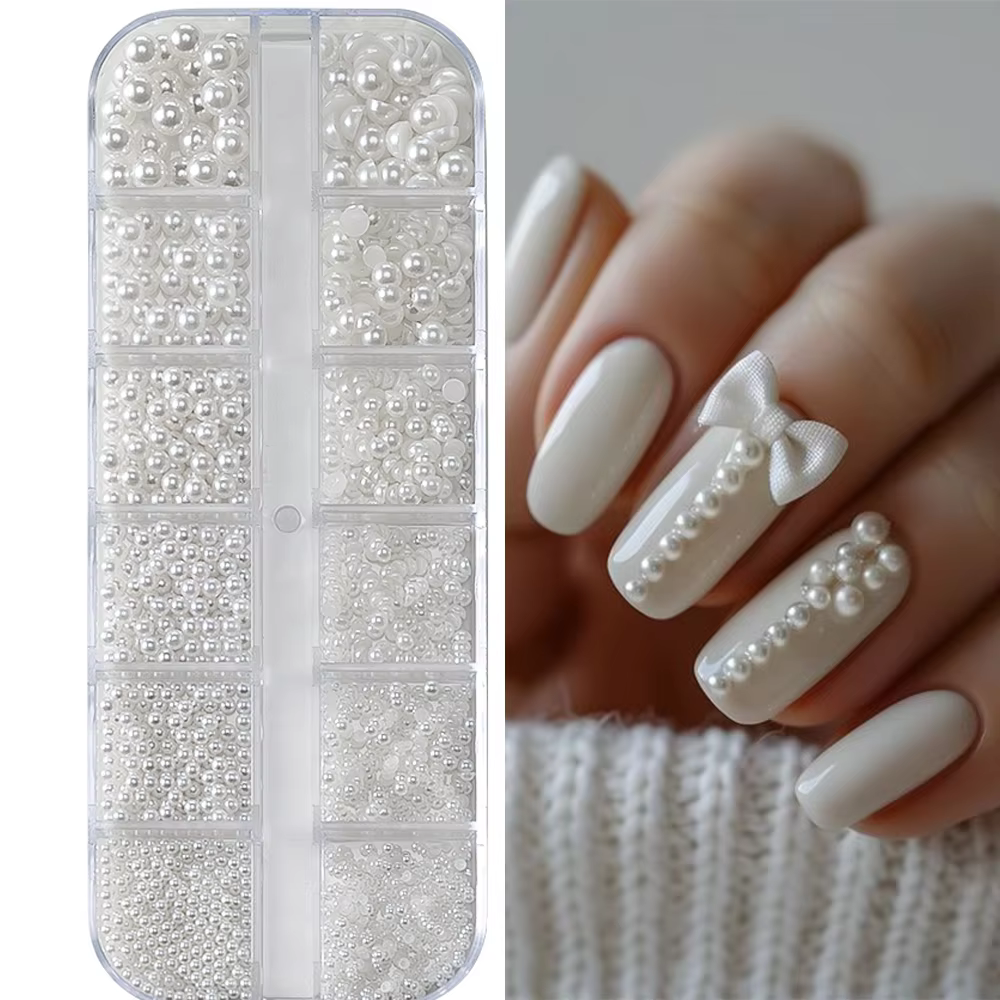 12 grilles 3D perles blanches mélangées breloques pour ongles 0.15-0.5mm perles rondes/demi-cercle N