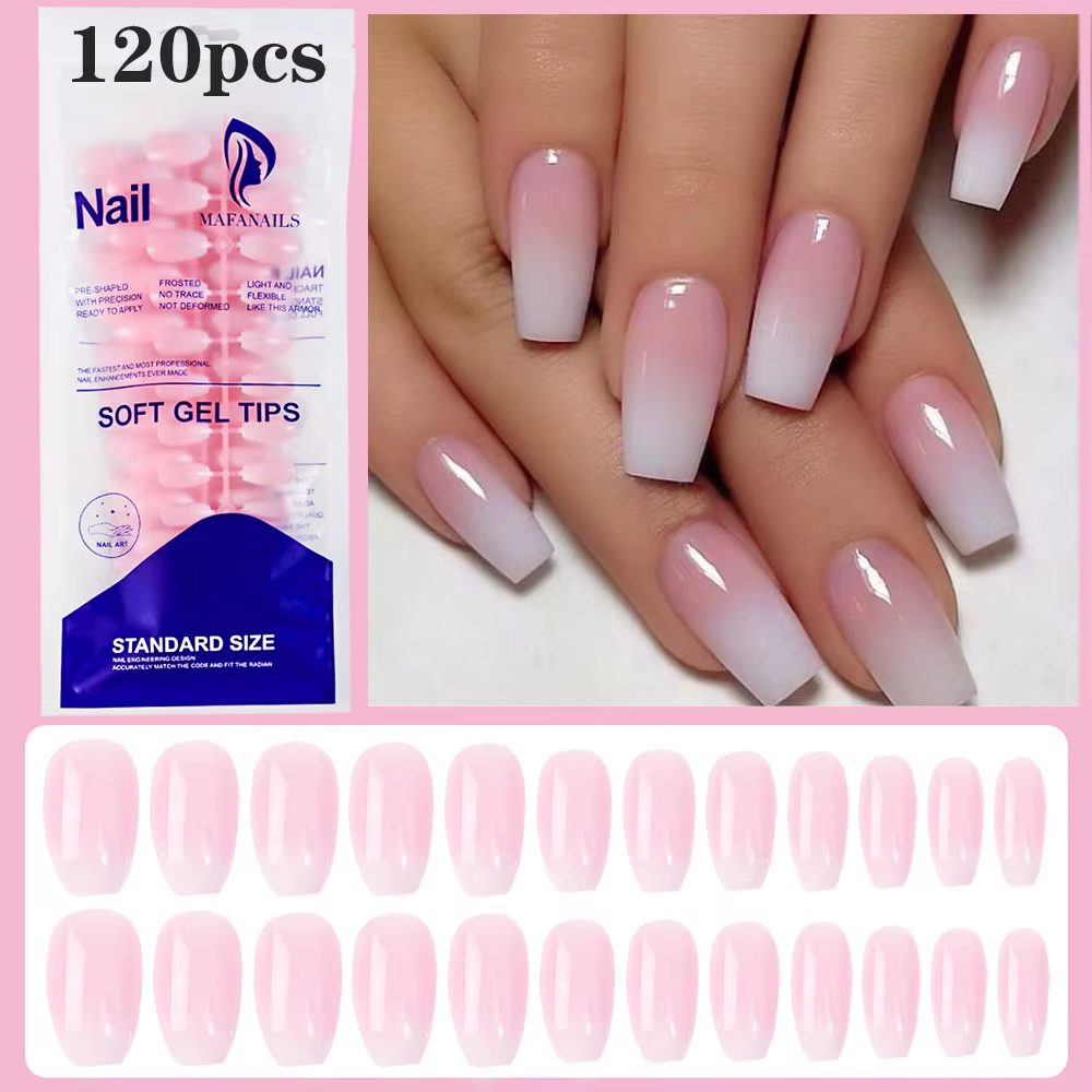 120 pièces rose Ombre moyen cercueil presse sur ongles brillant à la main acrylique faux ongles cons