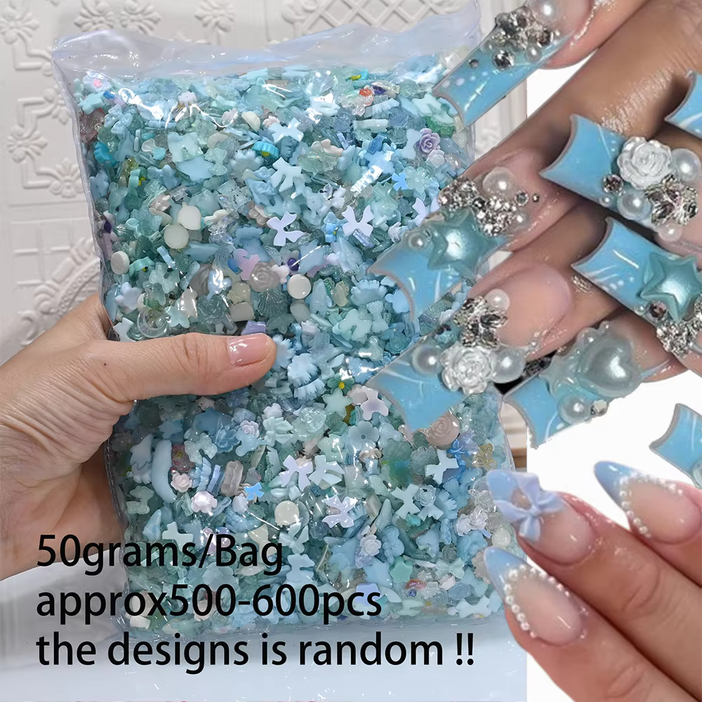 50 g/sac aléatoire bleu mixte arc/fleur Nail Art breloques 500-600 pièces résine camélia/Bowknot ong