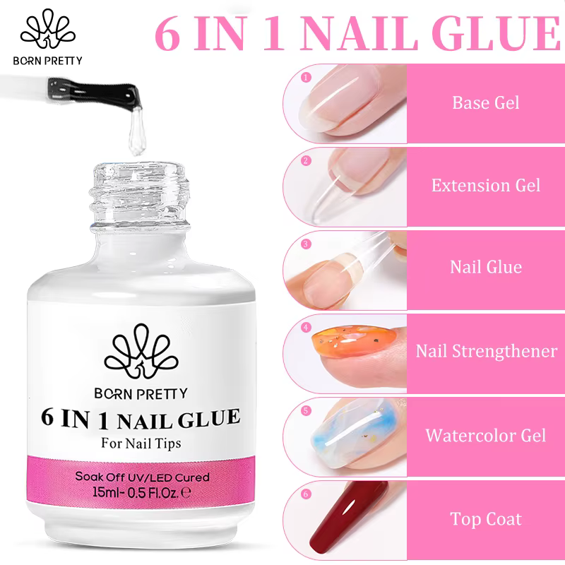 BORN PRETTY 15/10ML 6 en 1 Gel de colle pour ongles pour ongles acryliques tremper Gel de Base couch