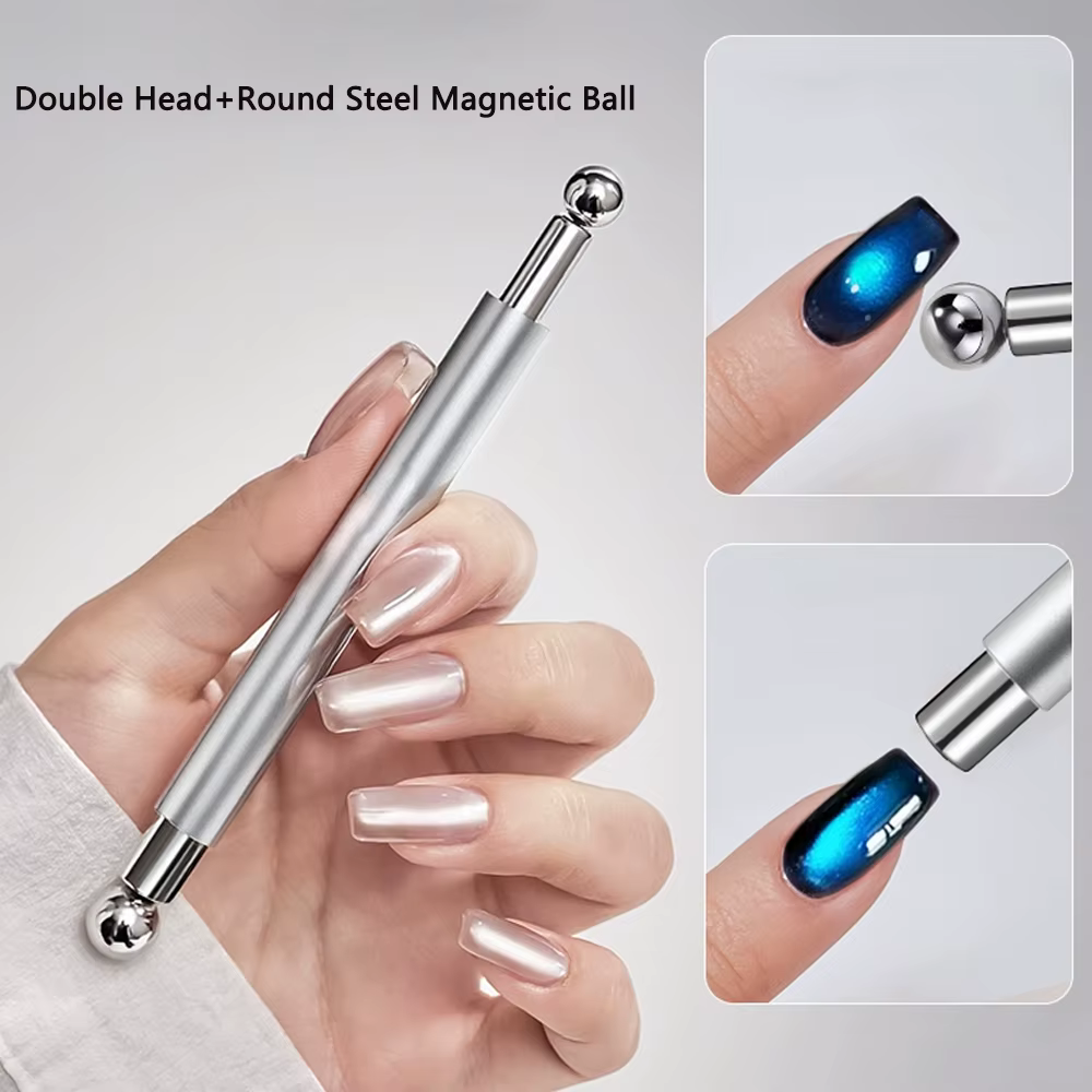  Stylo magnétique pour ongles, Double tête + boule ronde en acier, œil de chat, argent/rose, bâton