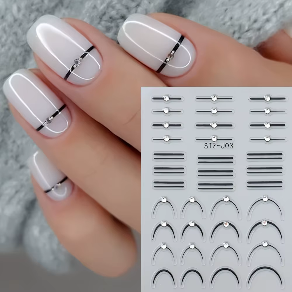 Autocollants pour ongles auto-adhésifs, ligne française, rayures ondulées métalliques, strass, décal