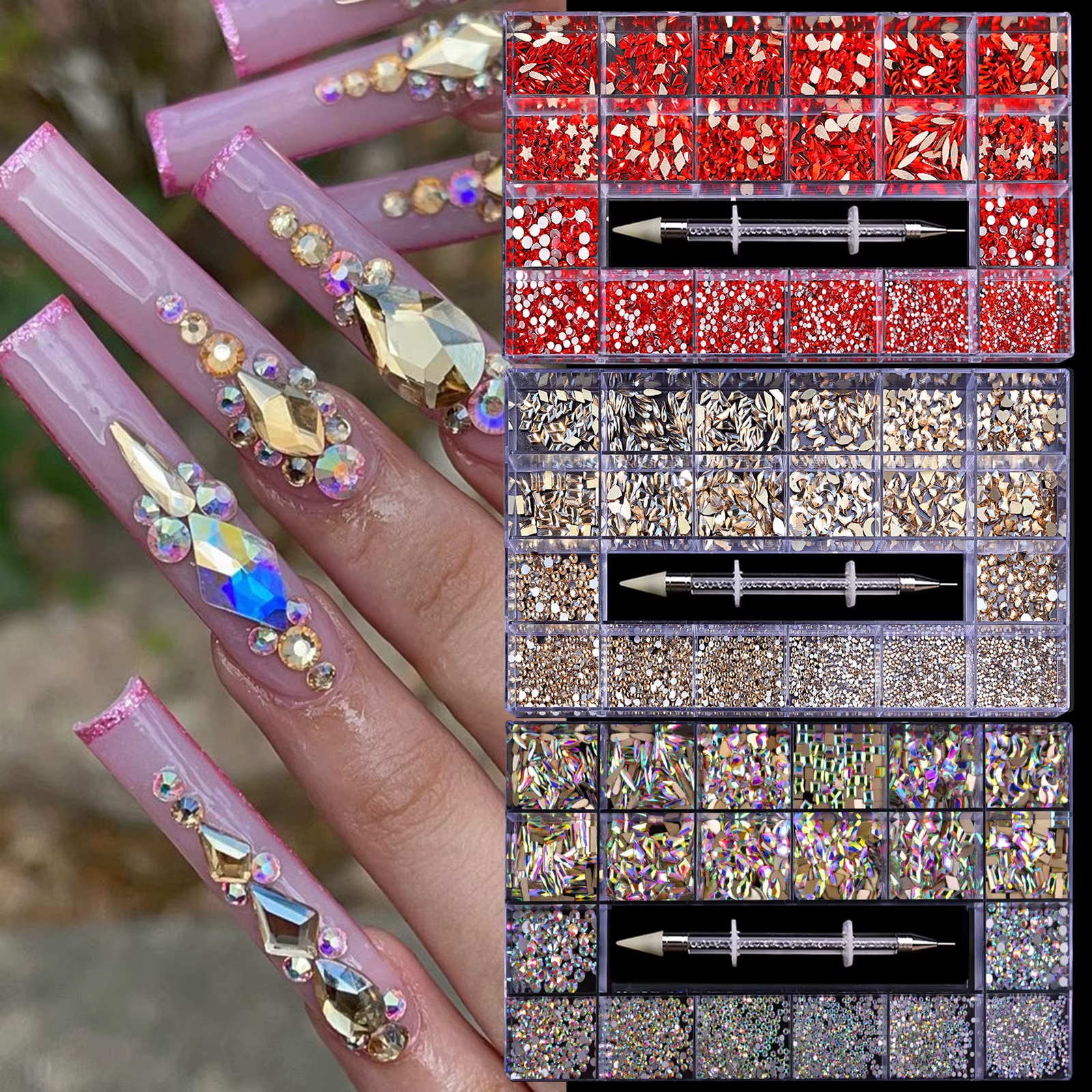 Verre de champagne rouge cristal diamant plat strass Nail Art décoration 21 grille boîte ongles acce