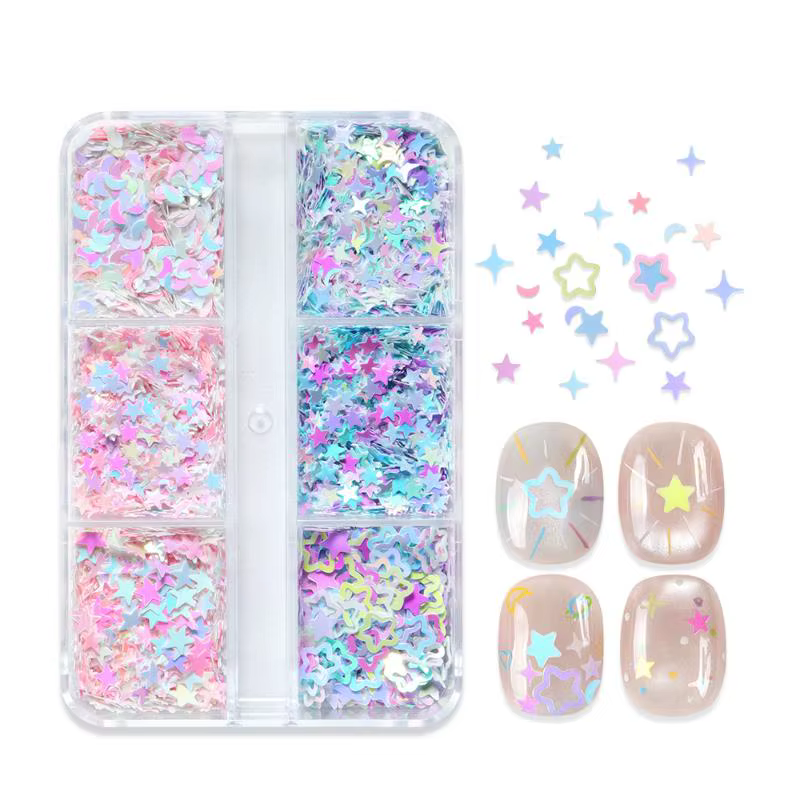 Accessoires pour nail art : étoiles irisées, lunes, paillettes sirène, flocons de paillettes, décora