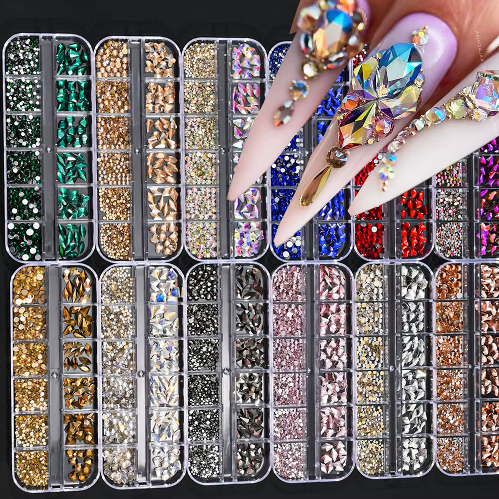 Strass en cristal de forme mixte pour Nail Art, 12 grilles, rose/rouge, pierres précieuses à dos pla