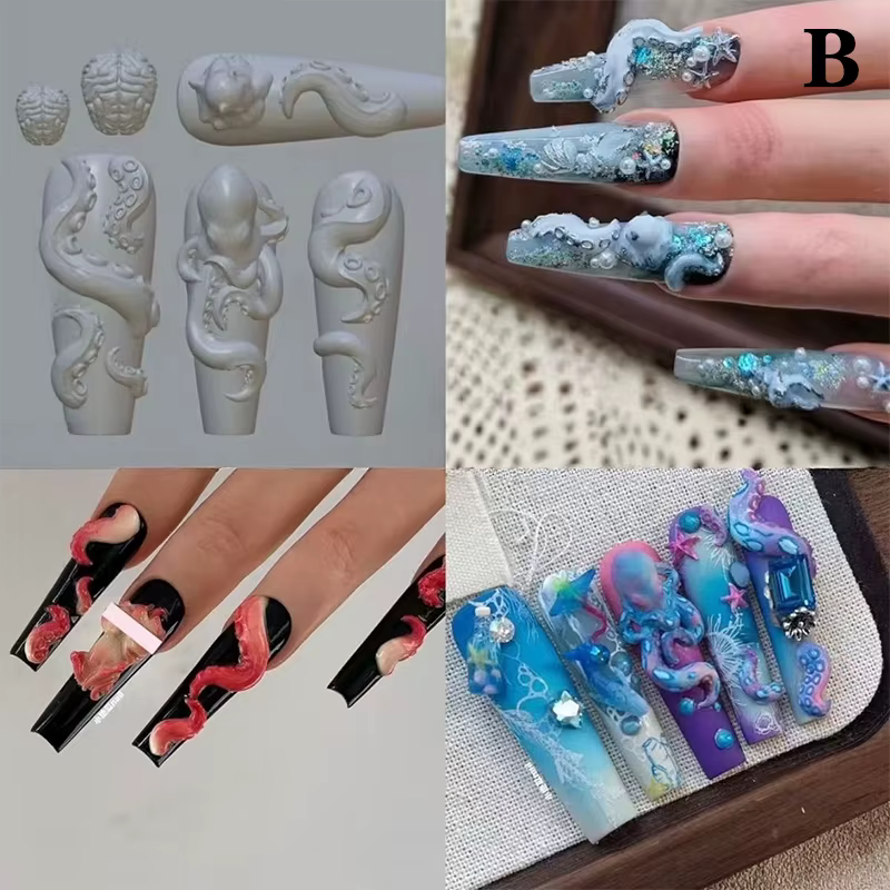 ✰ ✪ Moule en silicone 3D Lapin Fraise Pieuvre Océan pour décoration d'ongles DIY, motif dessin animé
