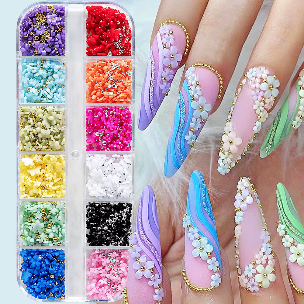 12/15 grilles acrylique fleur ongles breloques mélange de couleurs ensemble 3D fleur Nail Art strass