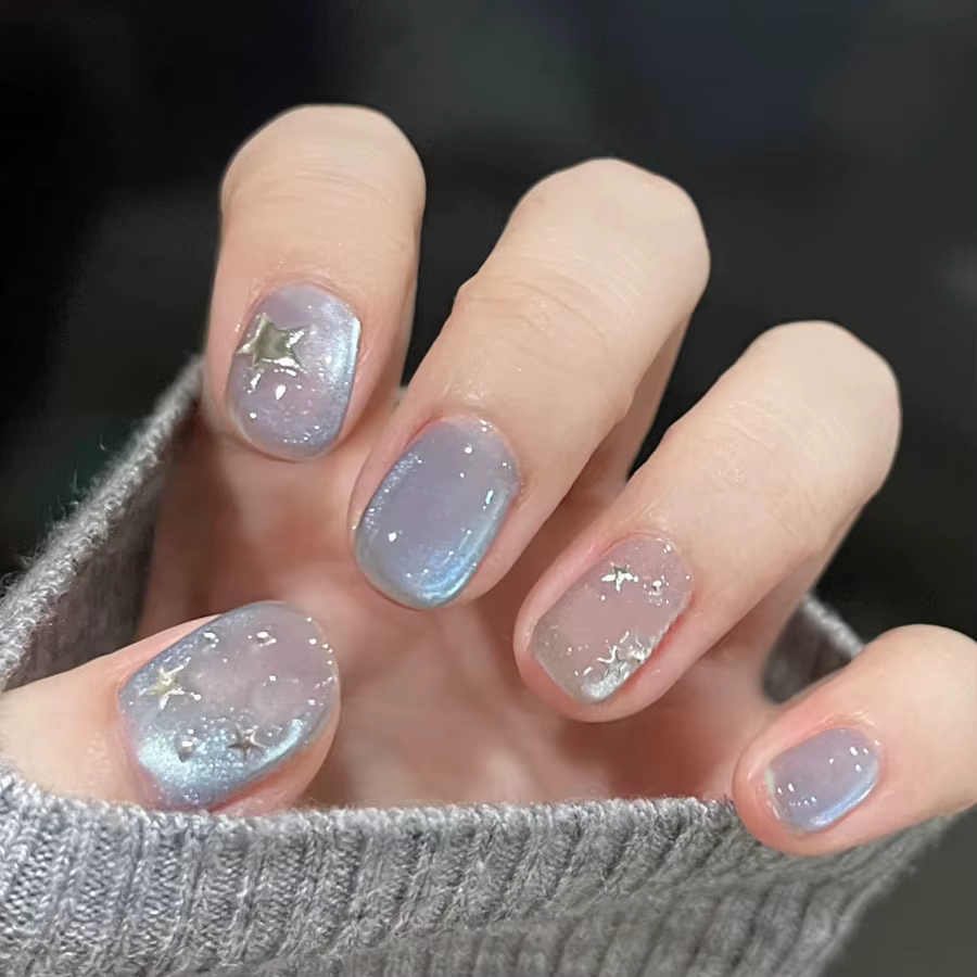 Faux ongles courts pour femmes et filles, rose clair, bleu, effet œil de chat, brillants, ovales, ca