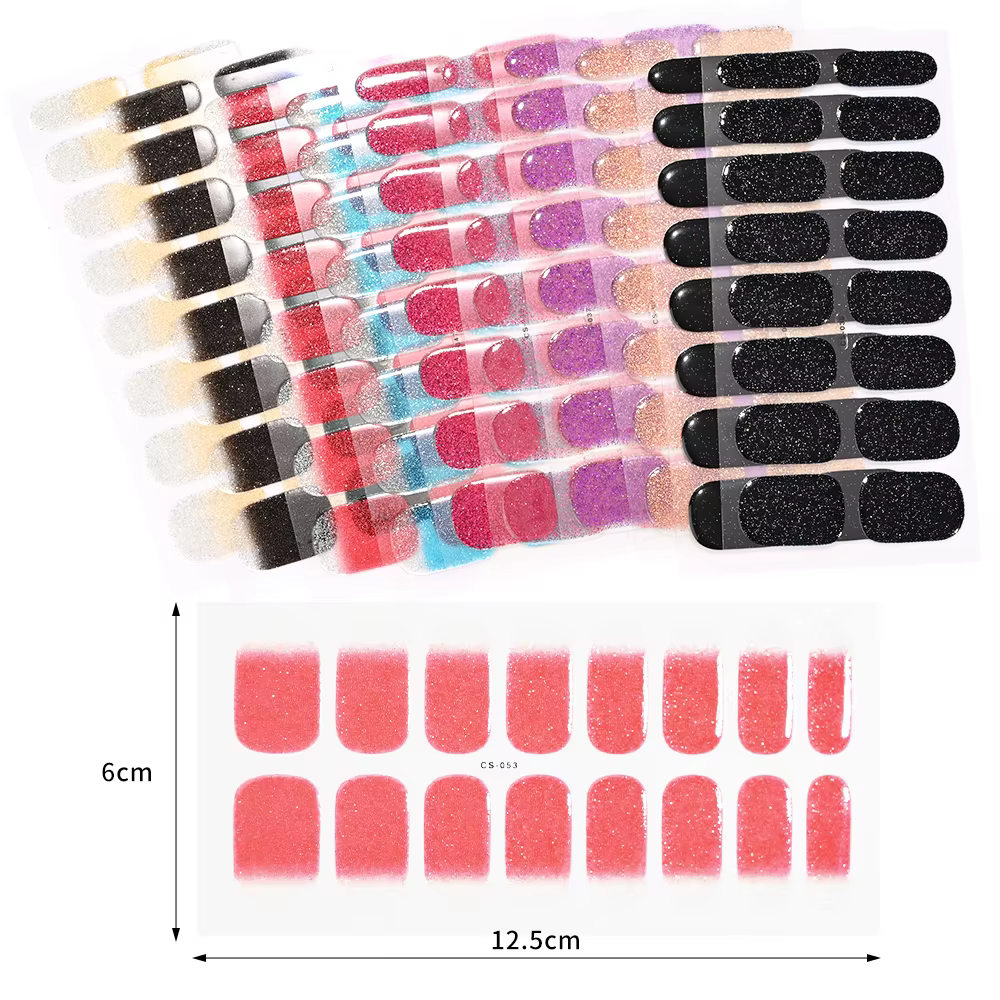 Autocollants pour ongles semi-durcis noirs français, 16 pointes, avec paillettes, Gel UV longue duré