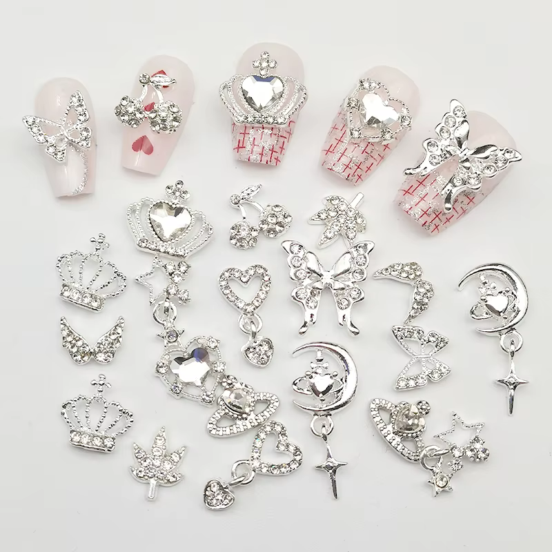 30 Breloques Roses pour Ongles en Alliage, Strass 3D Étoile Papillon Cœur Croix, Pierres Précieuses,