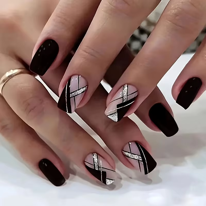 24 pièces carré noir couverture courte presse sur ongles argent rayure faux ongles réutilisable faux