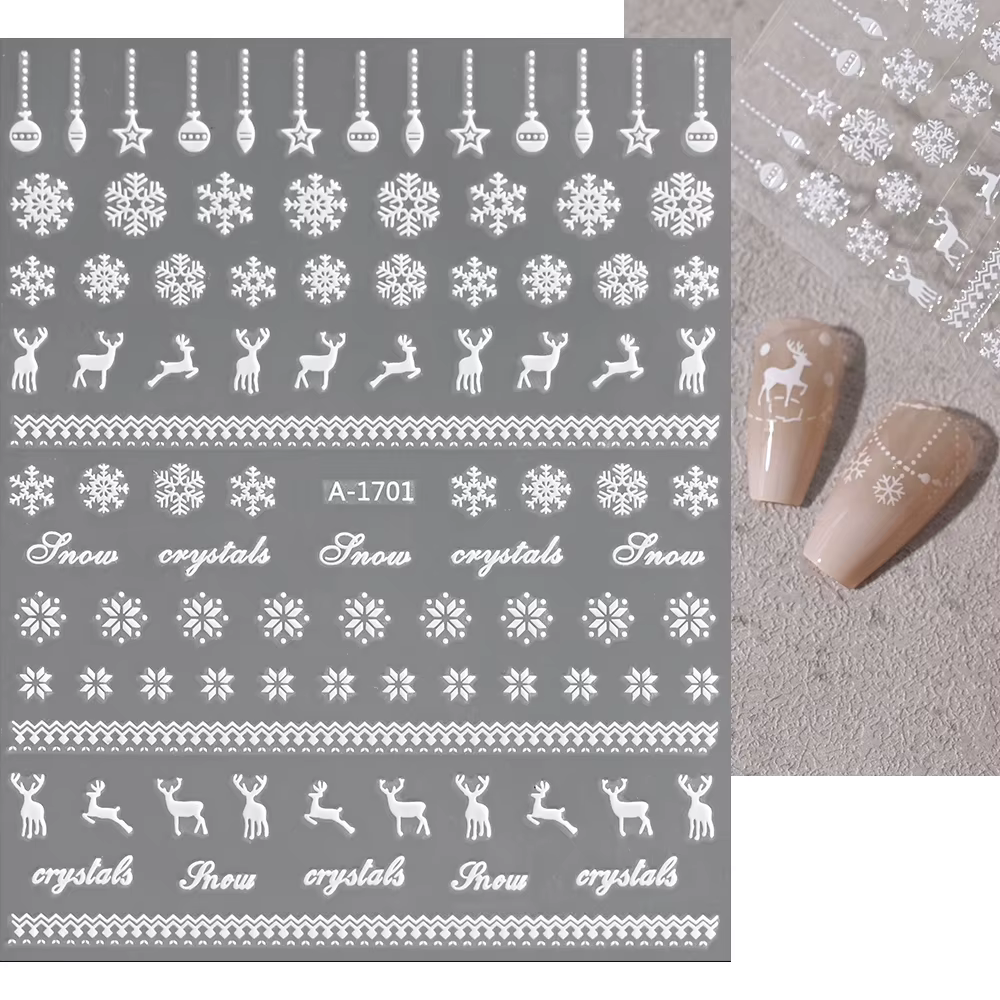 1sheet White Snowflake 3D Christmas Nail Art Stickers Self-Adhesive Xmas Snowy Winter Nail Decals DI