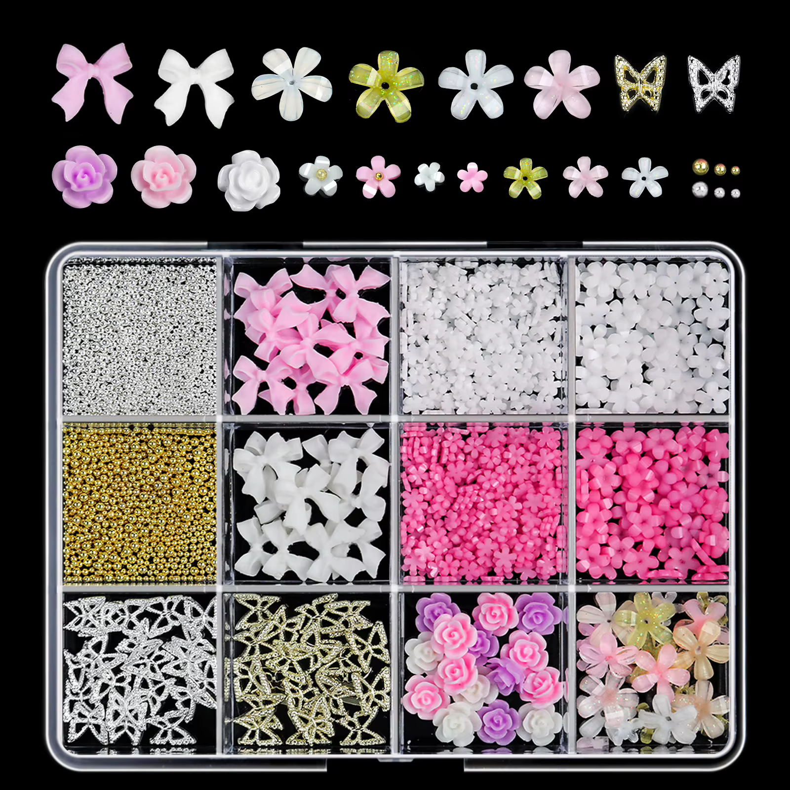 12 grilles/boîte 3D mixte nœud papillon perle coeur ongles breloques Flatback résine fleur, étoile,