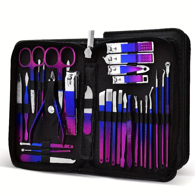Kit de manucure et pédicure disponible en violet-bleu dégradé, noir, rose doré et vert foncé, ensemb