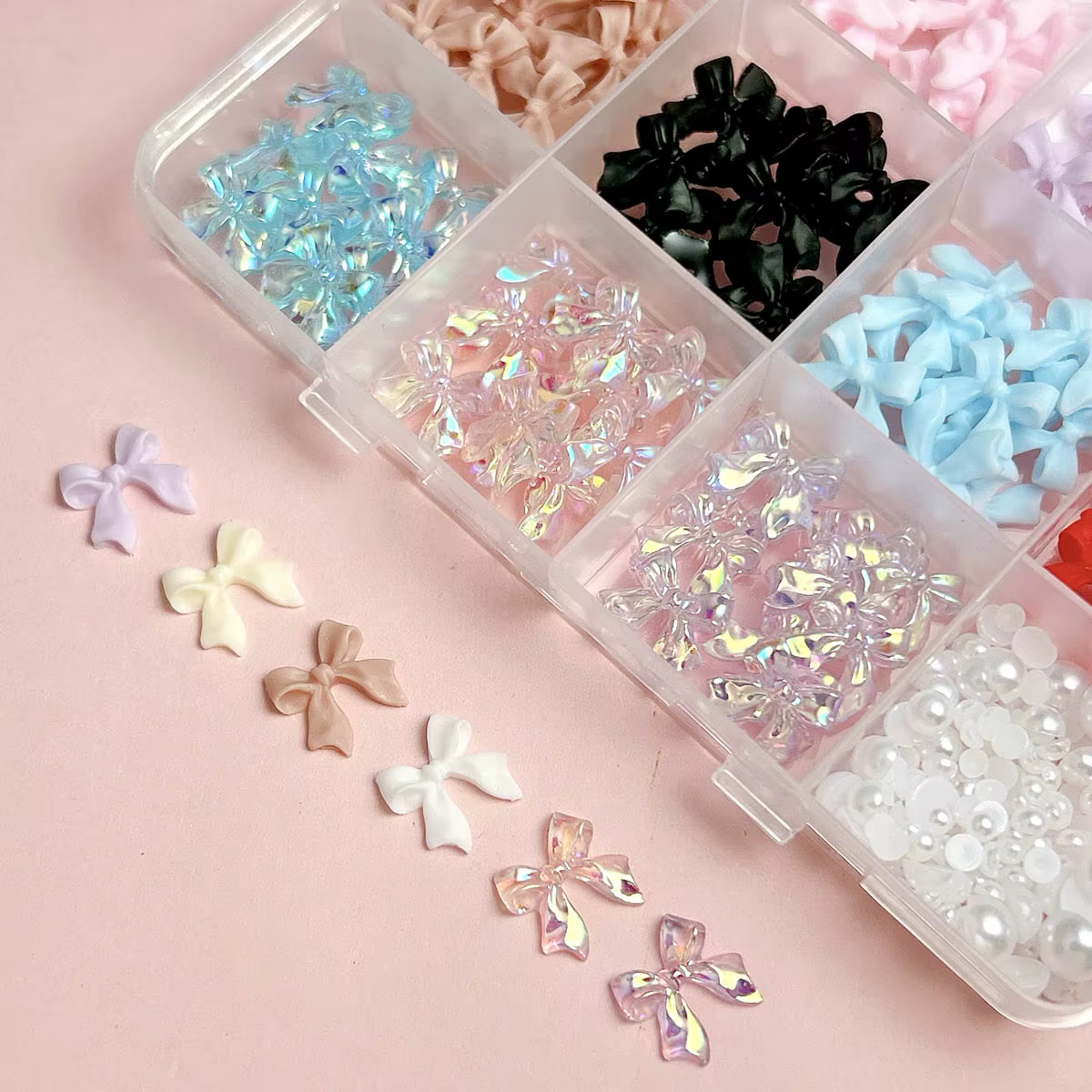 Boîte de nœuds de ruban doux 3D, plusieurs couleurs, breloques pour ongles en résine, perles artific