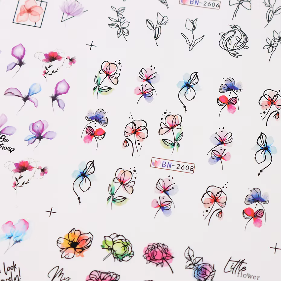 Autocollant de fleurs d'encre pour Nail Art, 12 pièces, décalcomanie d'eau d'été, fleurs en fleurs,