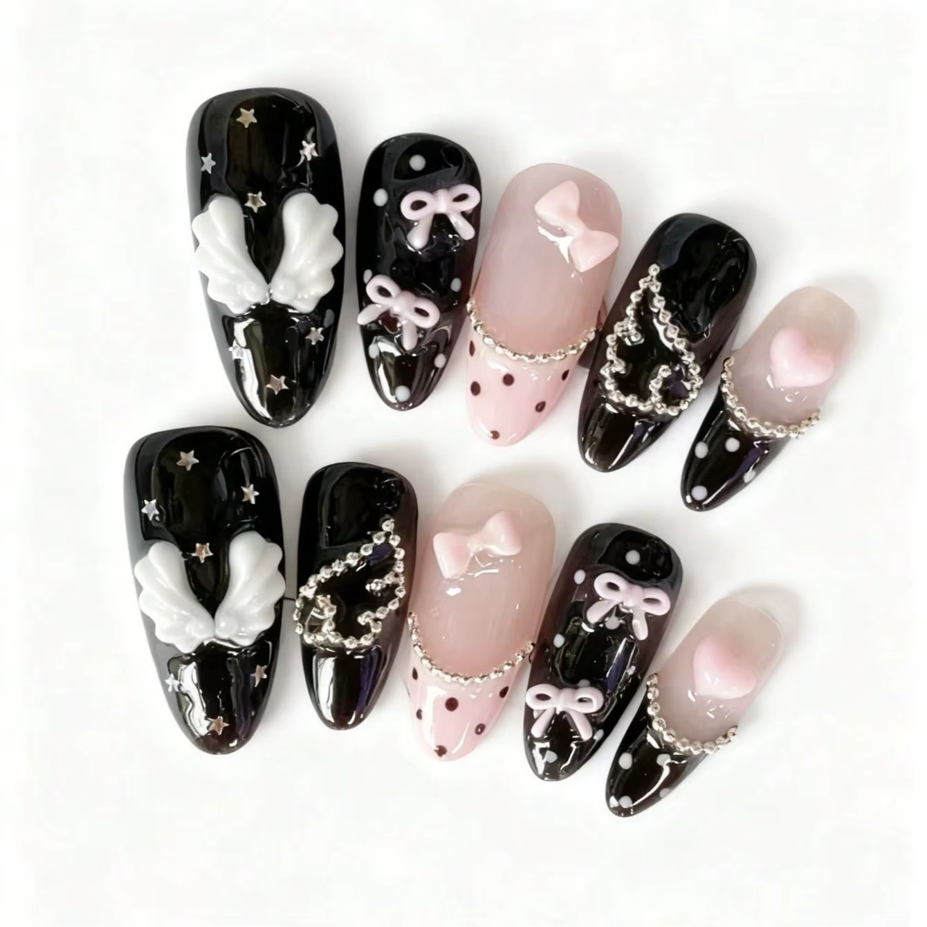 10 faux ongles en forme d'amande pressés à la main, magnifiques faux ongles, ailes noires et roses d