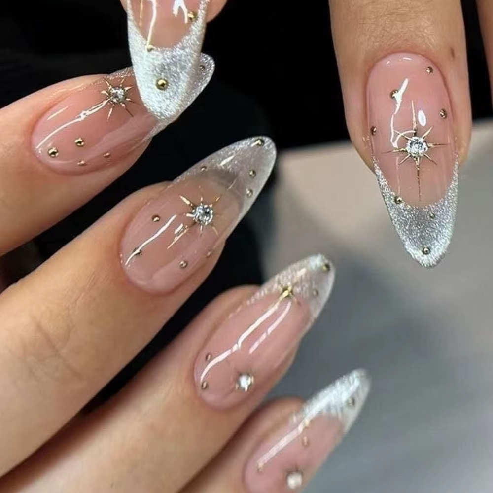 Faux ongles en amande rose chair, 24 pièces, avec colle gelée, Spice Girl, Design ondulé à paillette