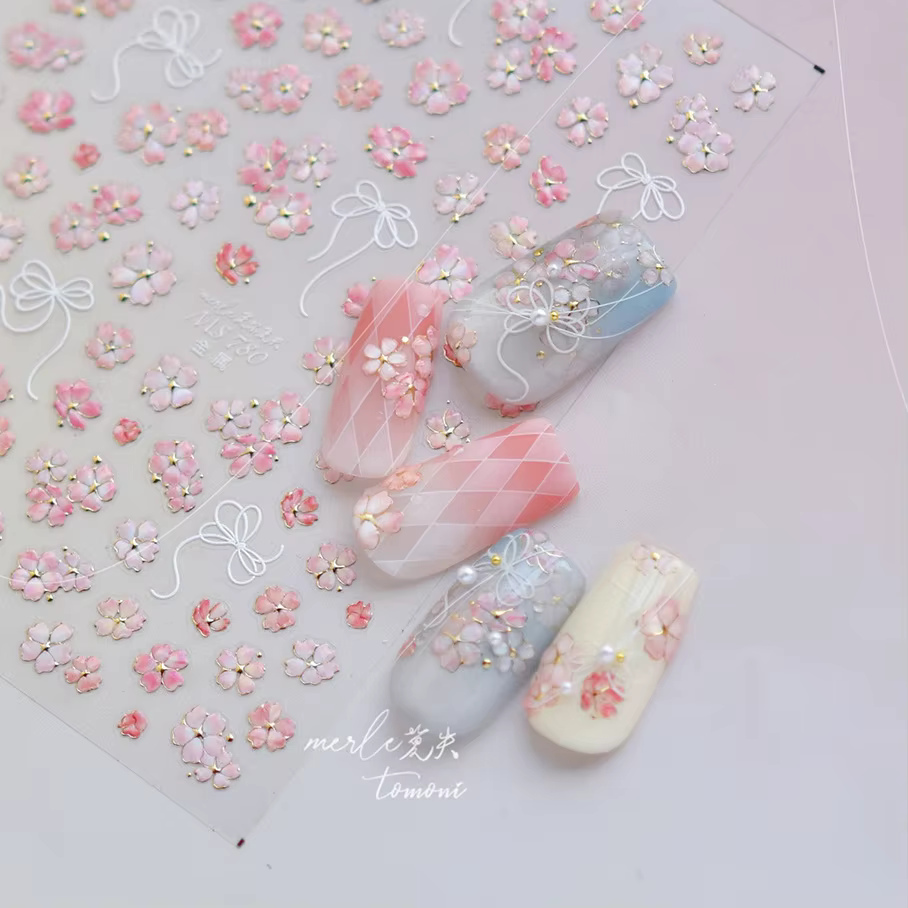 Autocollant 5D pour Nail Art, pétale de printemps, fleurs de cerisier, branche de pêche vivante, adh