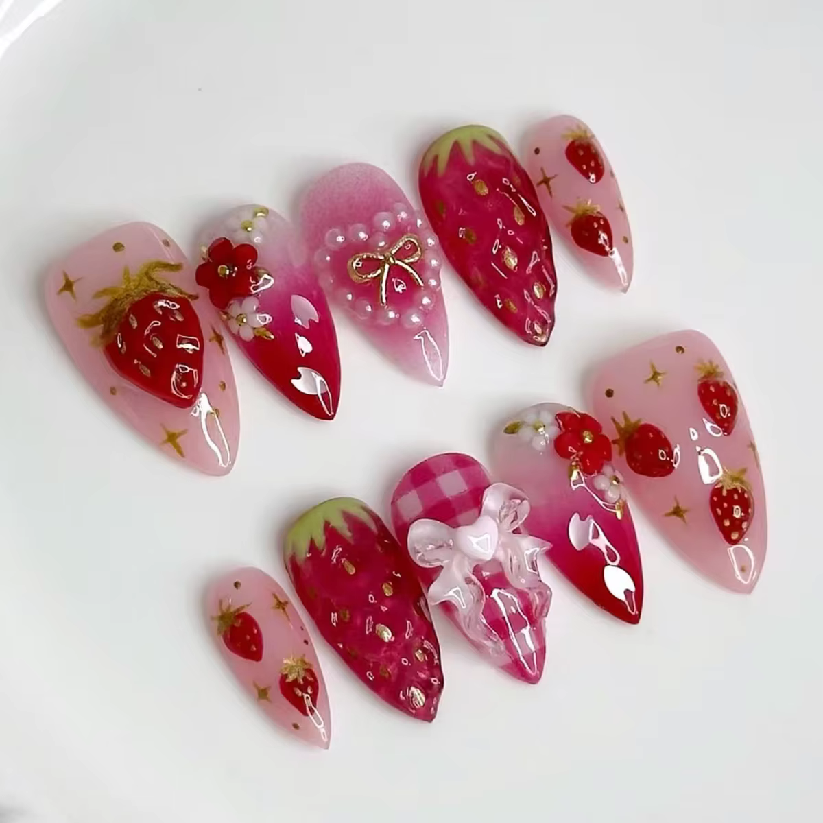 24 pièces Ins 3D nœuds papillon presse sur ongles doux fraise rose Plaid amande faux ongles avec coe