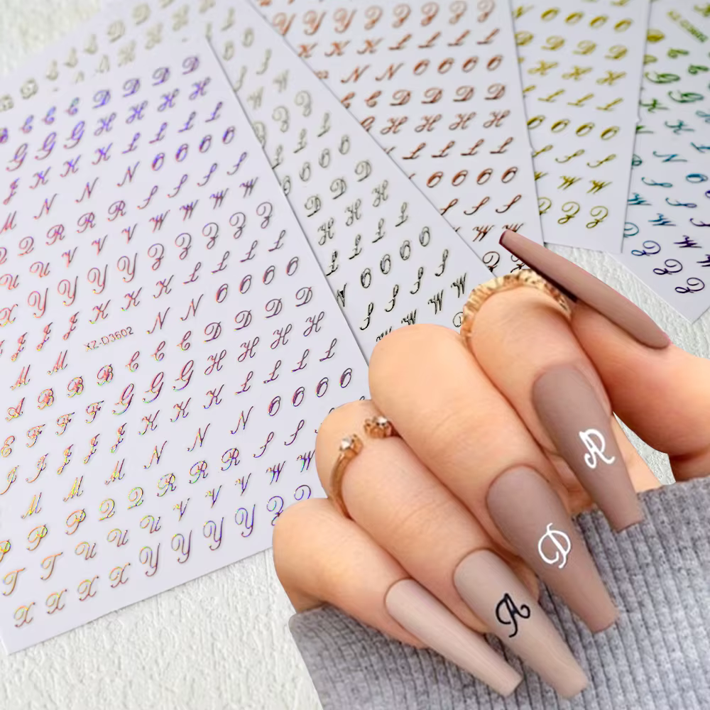 Autocollants pour ongles avec lettres romaines 3D, 1 pièce, or/argent/noir/Laser Alphabet, décalcoma