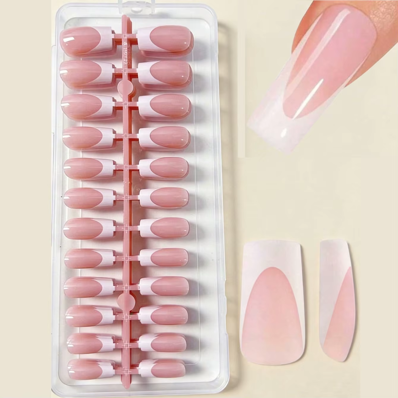 120 faux ongles carrés français en acrylique rose clair et blanc, disponibles en 12 tailles différen