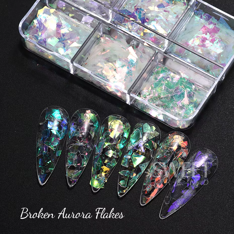 6 grilles AB irisé ongles paillettes flocons irrégulier aurore étincelle paillettes cristal verre fé